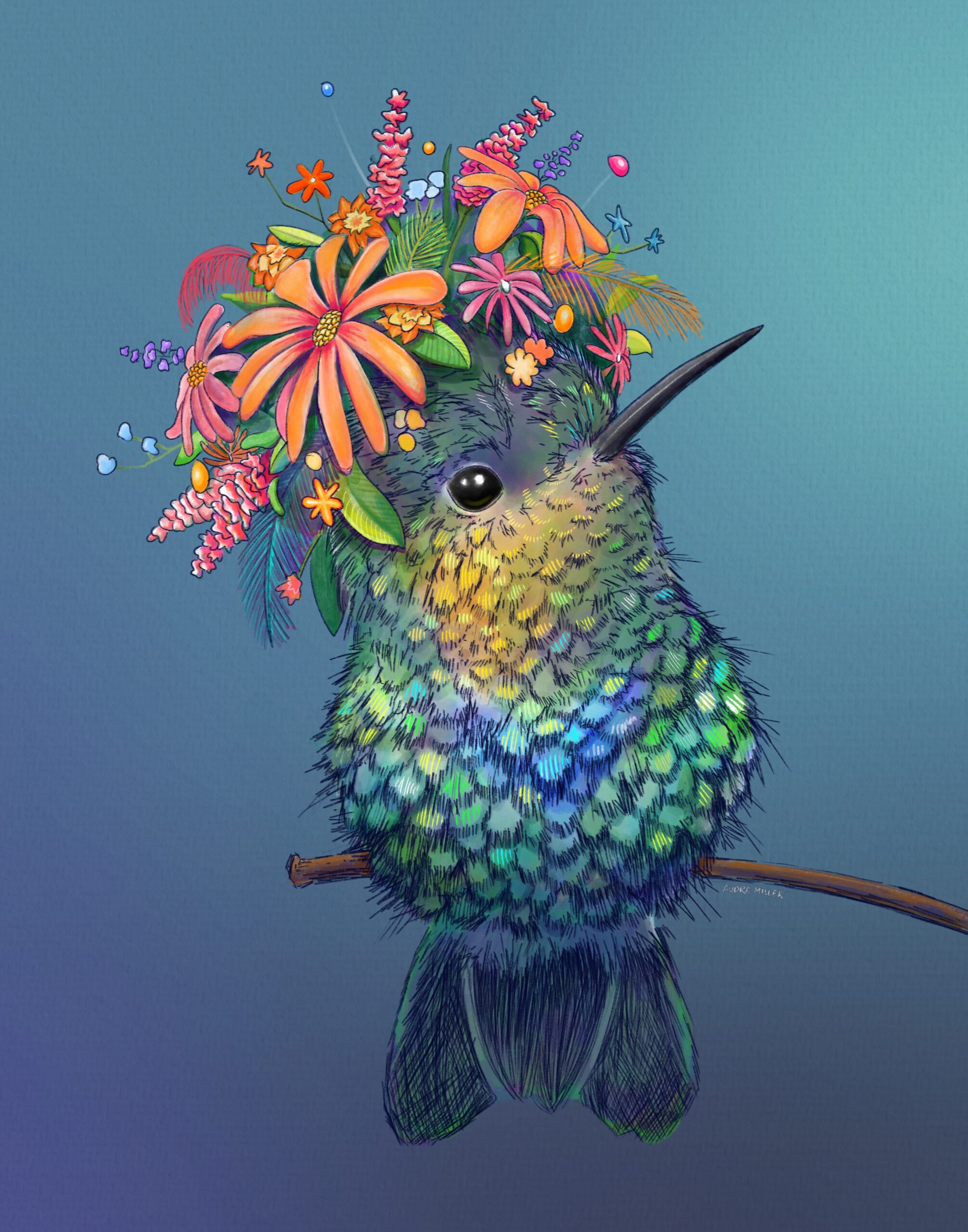 "Hummingbird," digital image of hummingbird with a flower crown, by Audra Miller