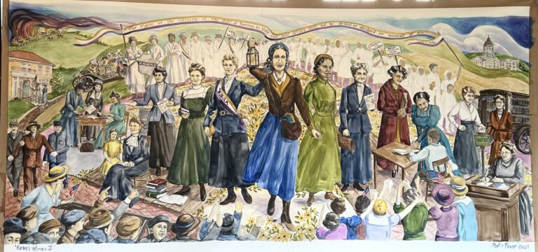 Mural by Phyllis Pease depicting a line of women in late 19th-century dress marching forward