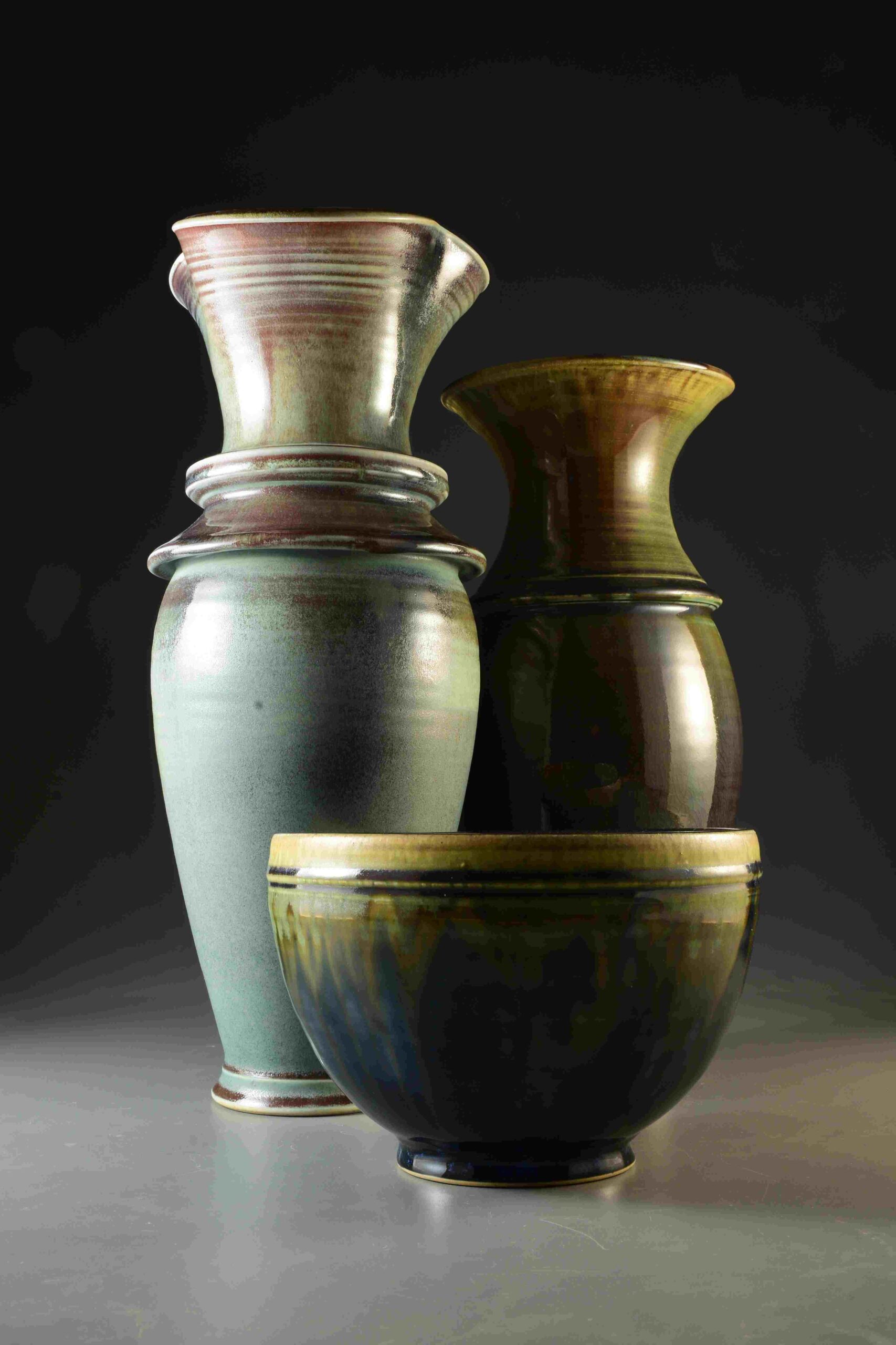 Two David Long vases and one bowl
