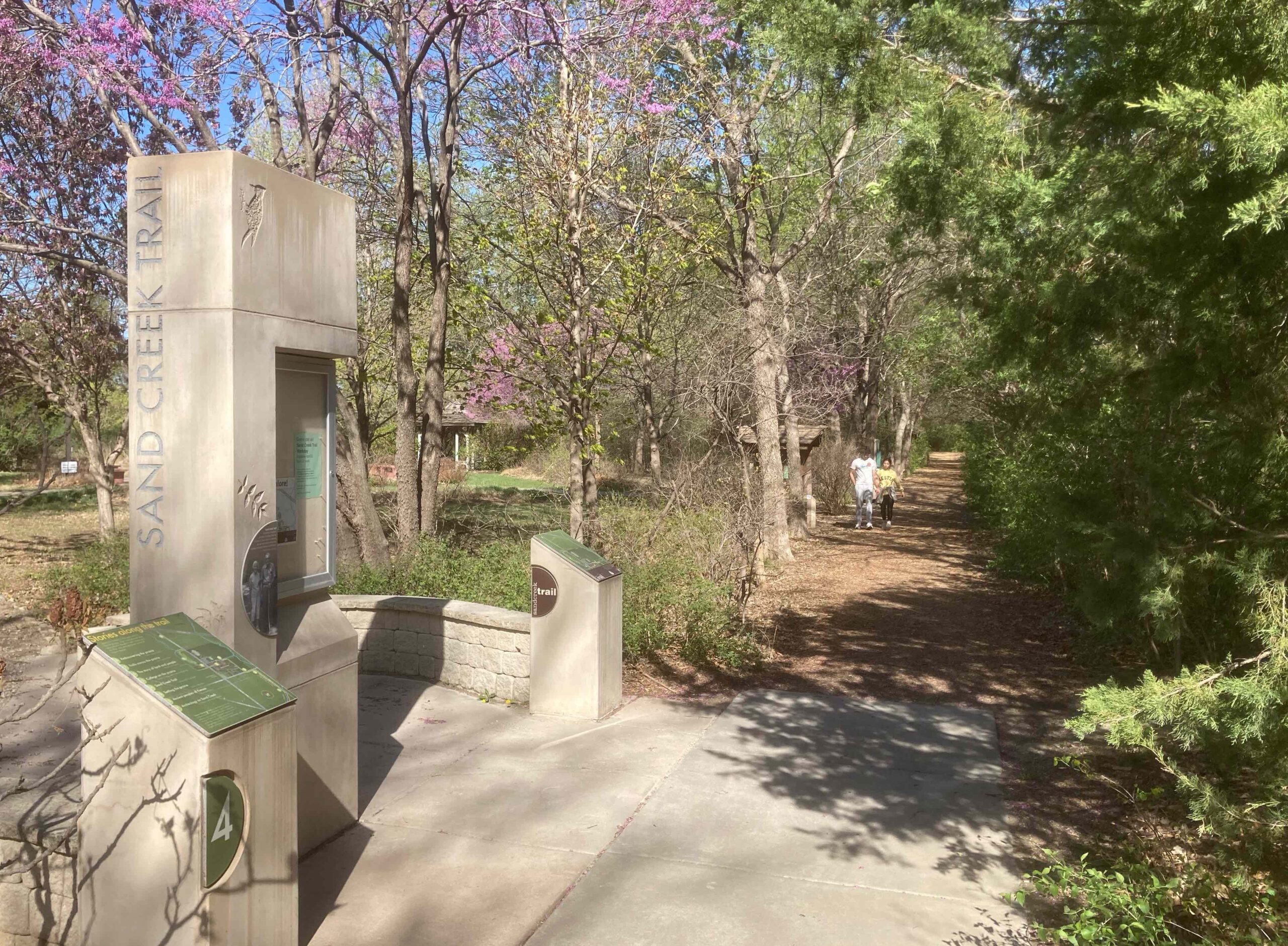 A view of the Memorial Grove trailhead and information kiosk in the spring with redbud blooming