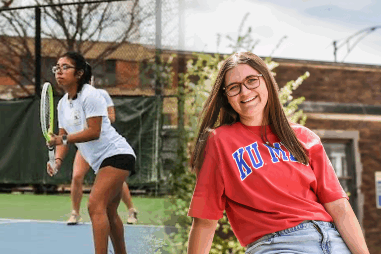 Split photo: Patty Huerta, left, on the tennis court; Claire Broxterman, right wearing KU Med shirt.