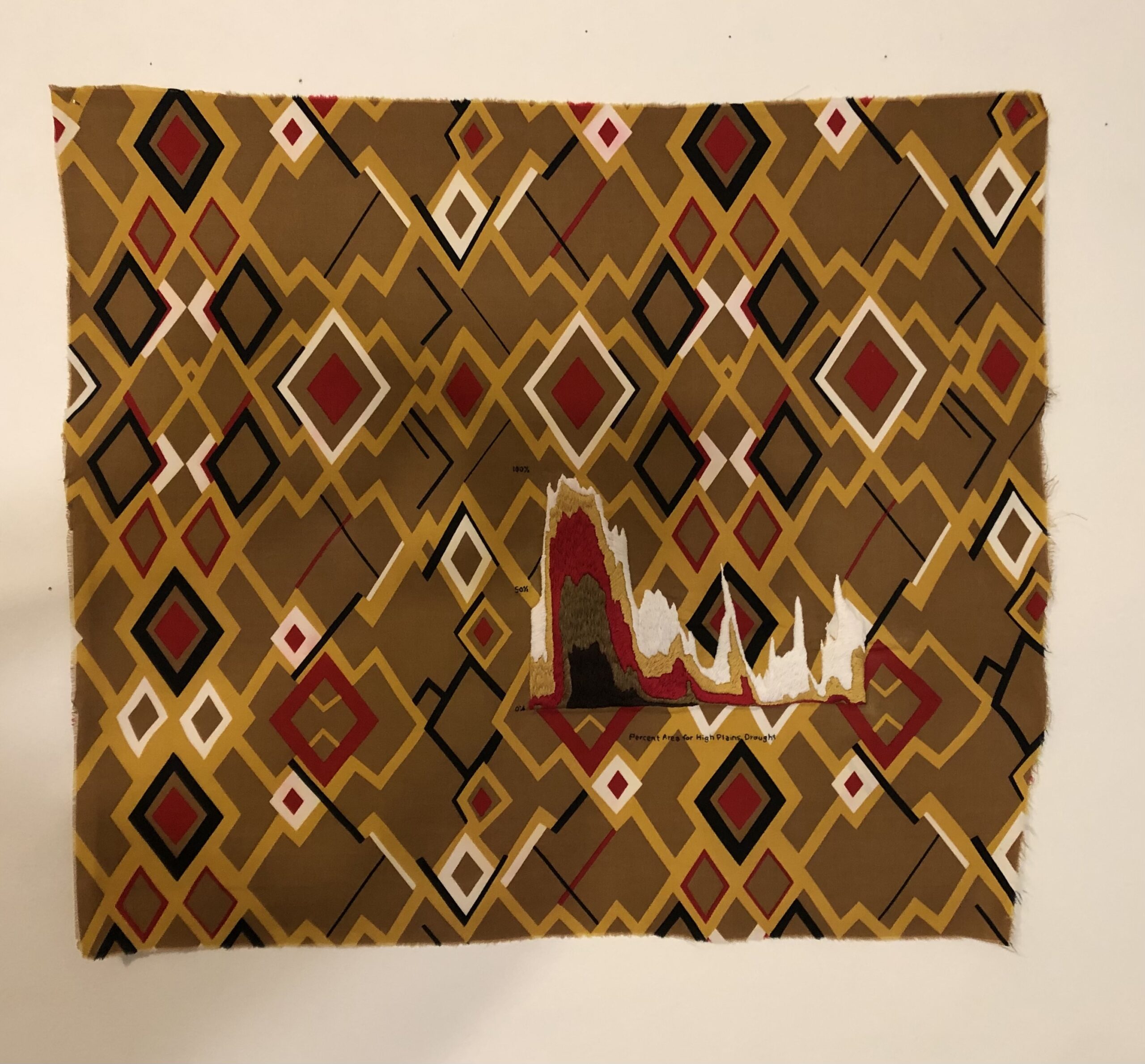 Quilt by Karen Reimer with diamond patterns, in brown, gold, cream, red-orange and black