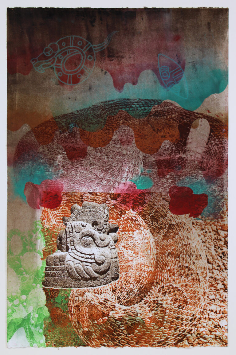 Monotype print in turquoise, red-orange and rust colors with detail of Mesoamerican serpent carving in stone by Marco Hernandez