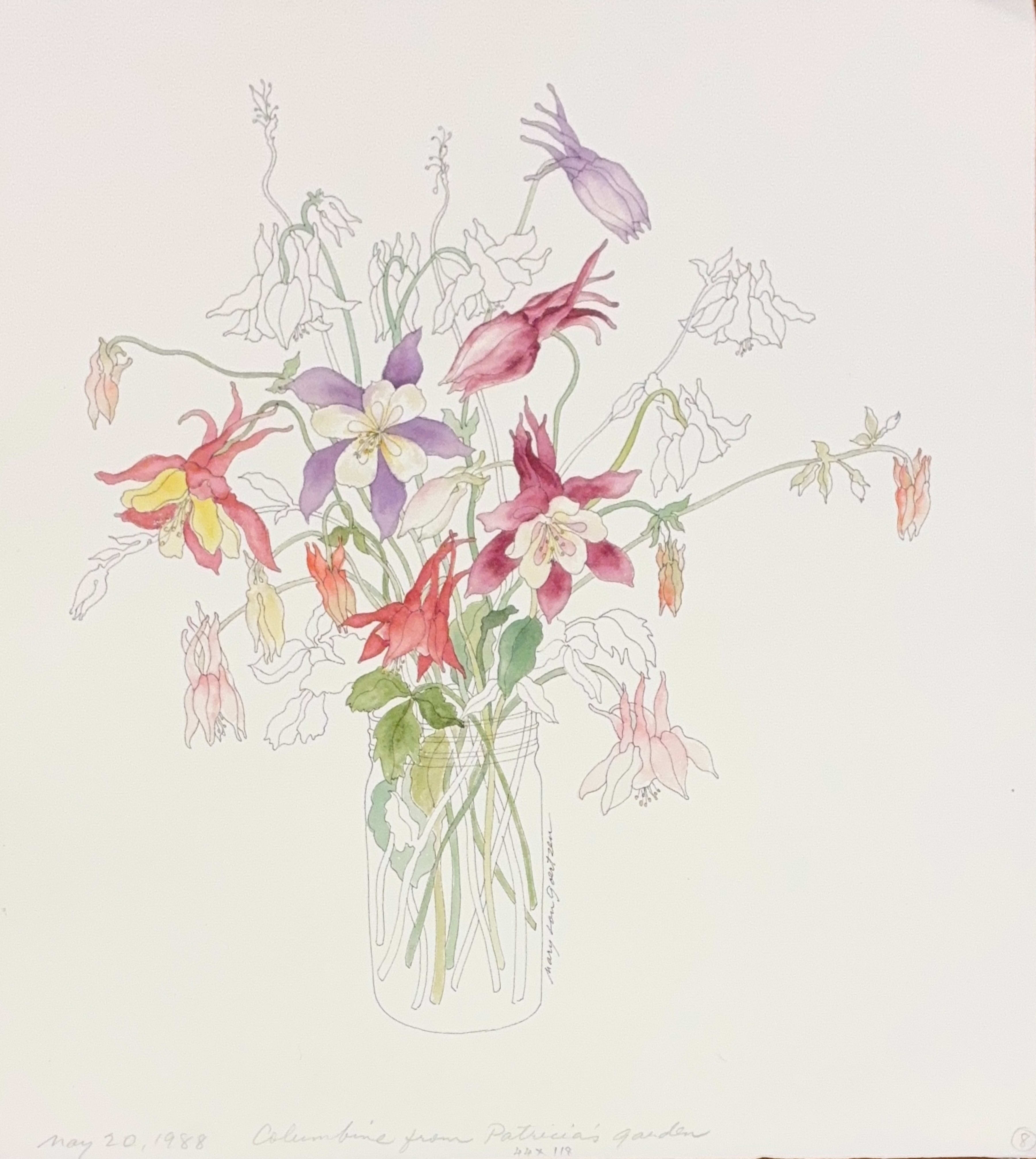 Mary Lou Goertzen pen-and-ink drawing with watercolor: small bunch of flowers in reds and yellows with green leaves