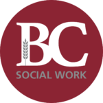 Bethel social work logo, white BC, gray SOCIAL WORK, on maroon background