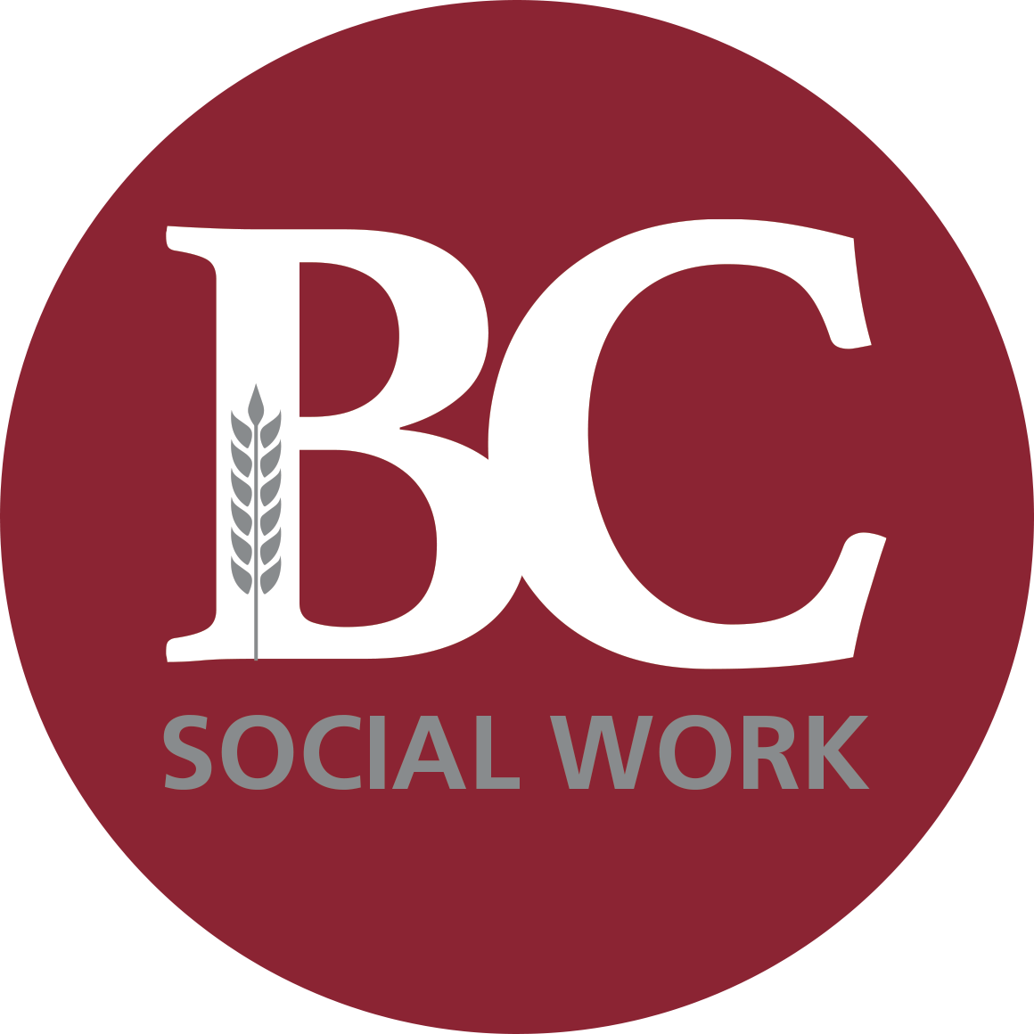Bethel social work logo, white BC, gray SOCIAL WORK, on maroon background